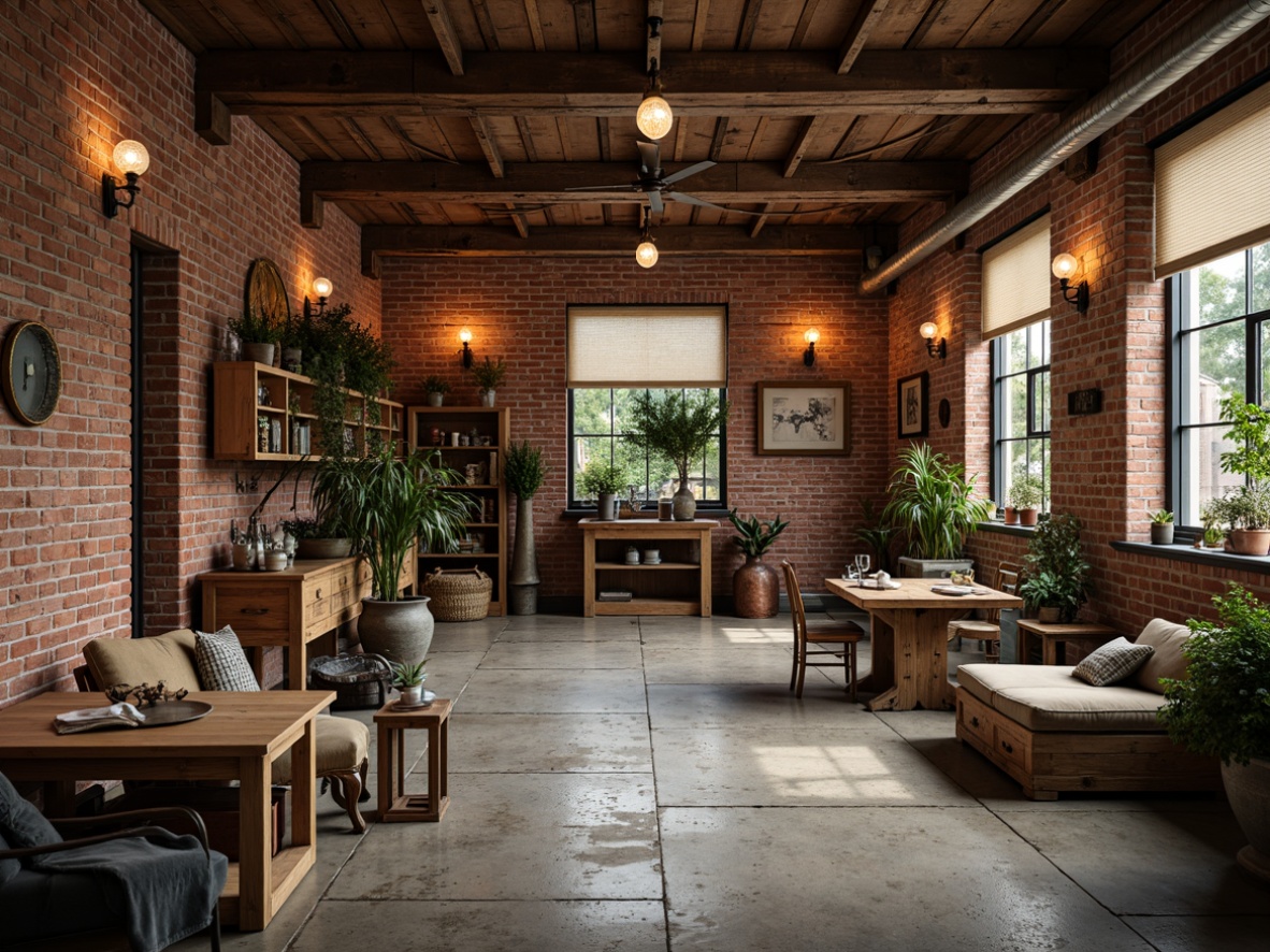 Prompt: Exposed brick walls, reclaimed wood beams, metal accents, vintage industrial lighting, distressed wooden furniture, earthy color palette, natural textiles, woven baskets, potted greenery, rustic metal decor, antique farm tools, wooden crates, old windows, rough-hewn stone floors, cozy reading nooks, warm candlelight, shallow depth of field, 1/1 composition, realistic textures, ambient occlusion.