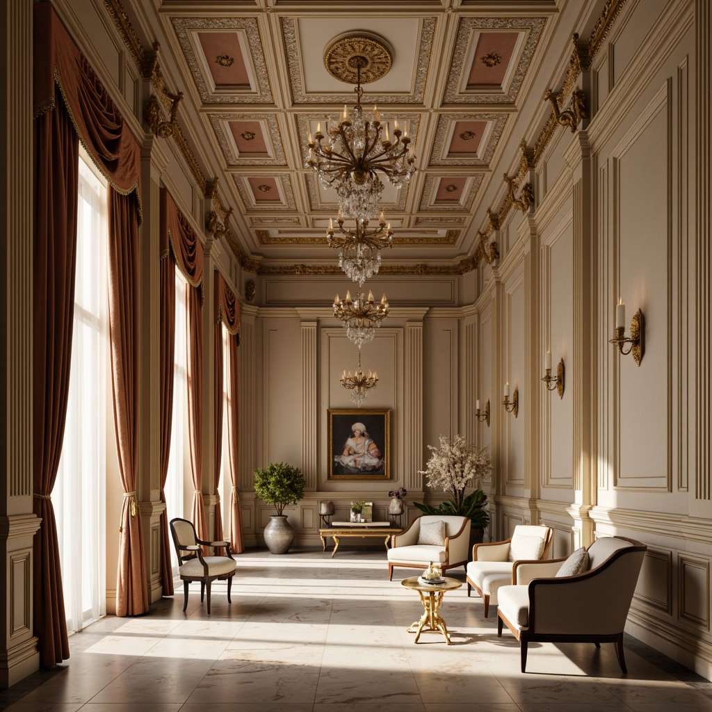 Prompt: Elegant neoclassical interior, ornate moldings, rich velvet drapes, sophisticated wall paneling, intricate fresco ceilings, luxurious marble floors, gilded accents, crystal chandeliers, majestic columns, subtle lighting, warm beige tones, refined furniture silhouettes, soft brush stroke textures, 1/2 composition, atmospheric perspective, realistic reflections.