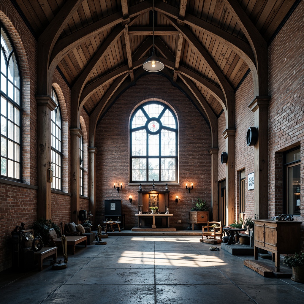 Prompt: Rustic industrial church, exposed brick walls, metallic accents, distressed wood textures, vintage machinery elements, earthy tone color palette, muted grays, blues and reds, worn stone floors, ornate ironwork details, grand vaulted ceilings, stained glass windows, dramatic high-contrast lighting, cinematic shadows, 1/2 composition, symmetrical framing, warm atmospheric glow, realistic weathering effects.