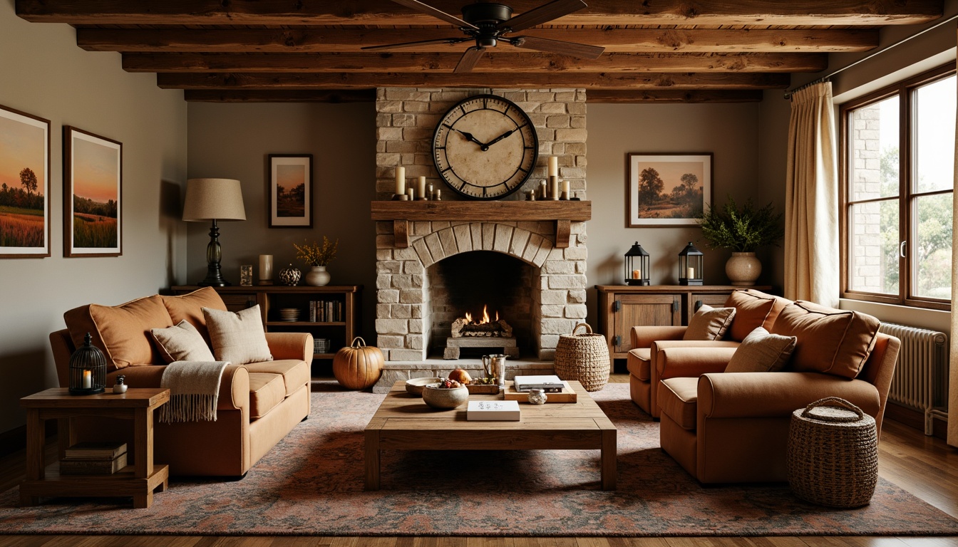 Prompt: Cozy family room, rustic wooden furniture, vintage decorative accents, distressed finishes, earthy color palette, natural stone fireplace, warm candle lighting, plush throw blankets, woven baskets, antique metal lanterns, reclaimed wood shelves, comfy oversized armchairs, soft velvet upholstery, rich leather textures, warm beige walls, exposed wooden beams, scenic landscape paintings, autumnal botanical prints, rustic metal wall decor, warm golden lighting, shallow depth of field, 2/3 composition, inviting atmosphere.