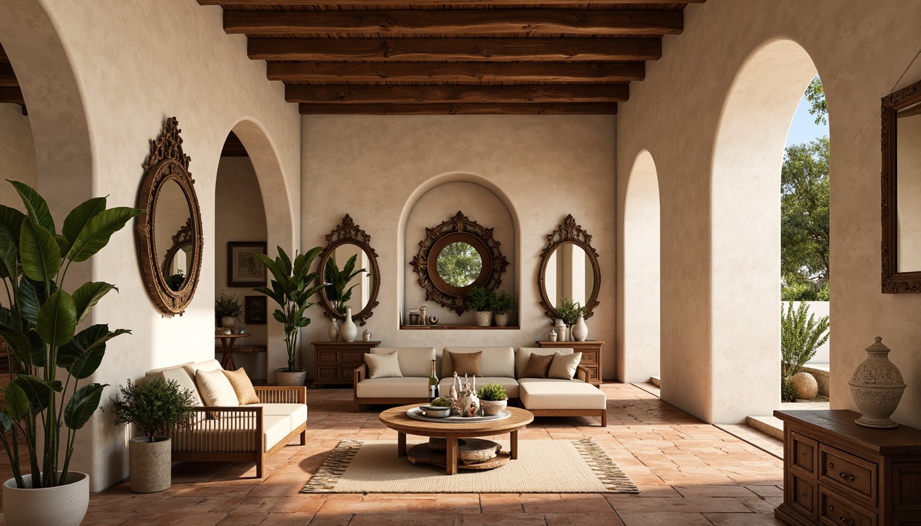 Prompt: Warm Mediterranean interior, soft beige plaster walls, rustic texture, earthy tones, arched openings, decorative niches, ornate mirrors, distressed wood furniture, woven textiles, natural fibers, warm terracotta flooring, classic ceramic tiles, lush greenery, potted plants, subtle lighting, ambient shadows, 1/2 composition, shallow depth of field, realistic textures.