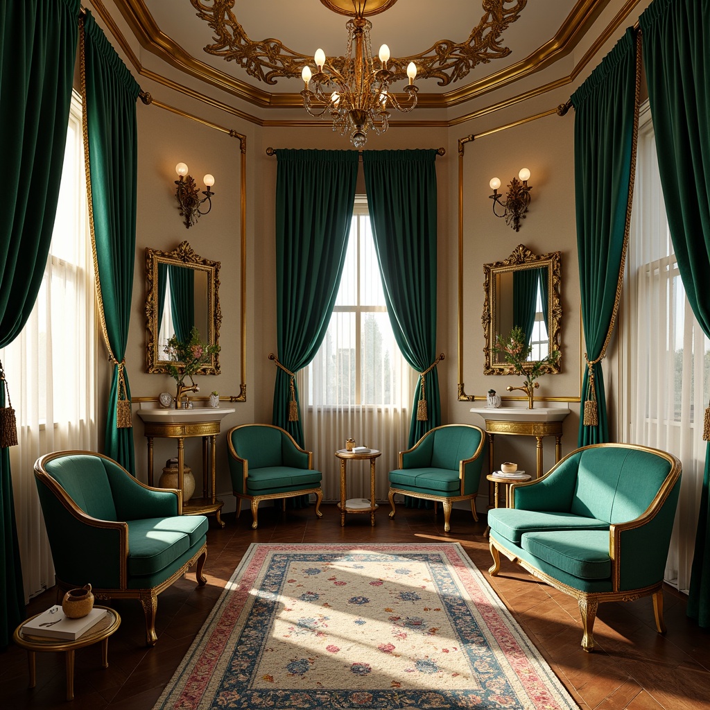 Prompt: Opulent powder room, lavish furnishings, ornate mirrors, intricately patterned rugs, velvet drapes, gilded frames, soft warm lighting, rich jewel-toned colors, emerald green accents, sapphire blue undertones, golden metallic highlights, creamy whites, luxurious textiles, floral motifs, flowing curves, whimsical patterns, vintage charm, sophisticated ambiance, intimate setting, 1/1 composition, shallow depth of field, realistic textures, ambient occlusion.