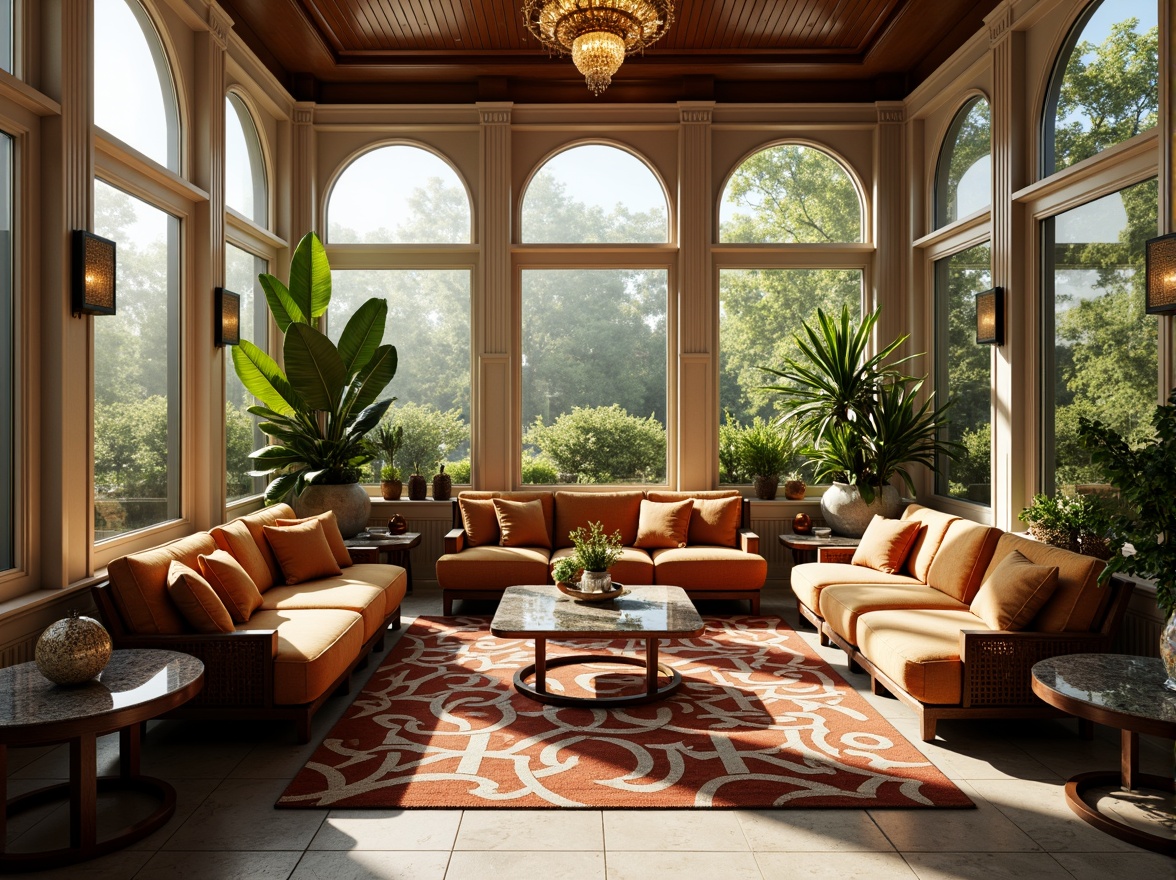 Prompt: Art Deco sunroom, luxurious velvet sofas, ornate wooden armchairs, geometric patterned rugs, metallic side tables, crystal chandeliers, curved glass coffee tables, bold-colored throw pillows, abstract sculptures, tropical plants, natural stone floors, large windows, soft warm lighting, shallow depth of field, 3/4 composition, panoramic view, realistic textures, ambient occlusion.