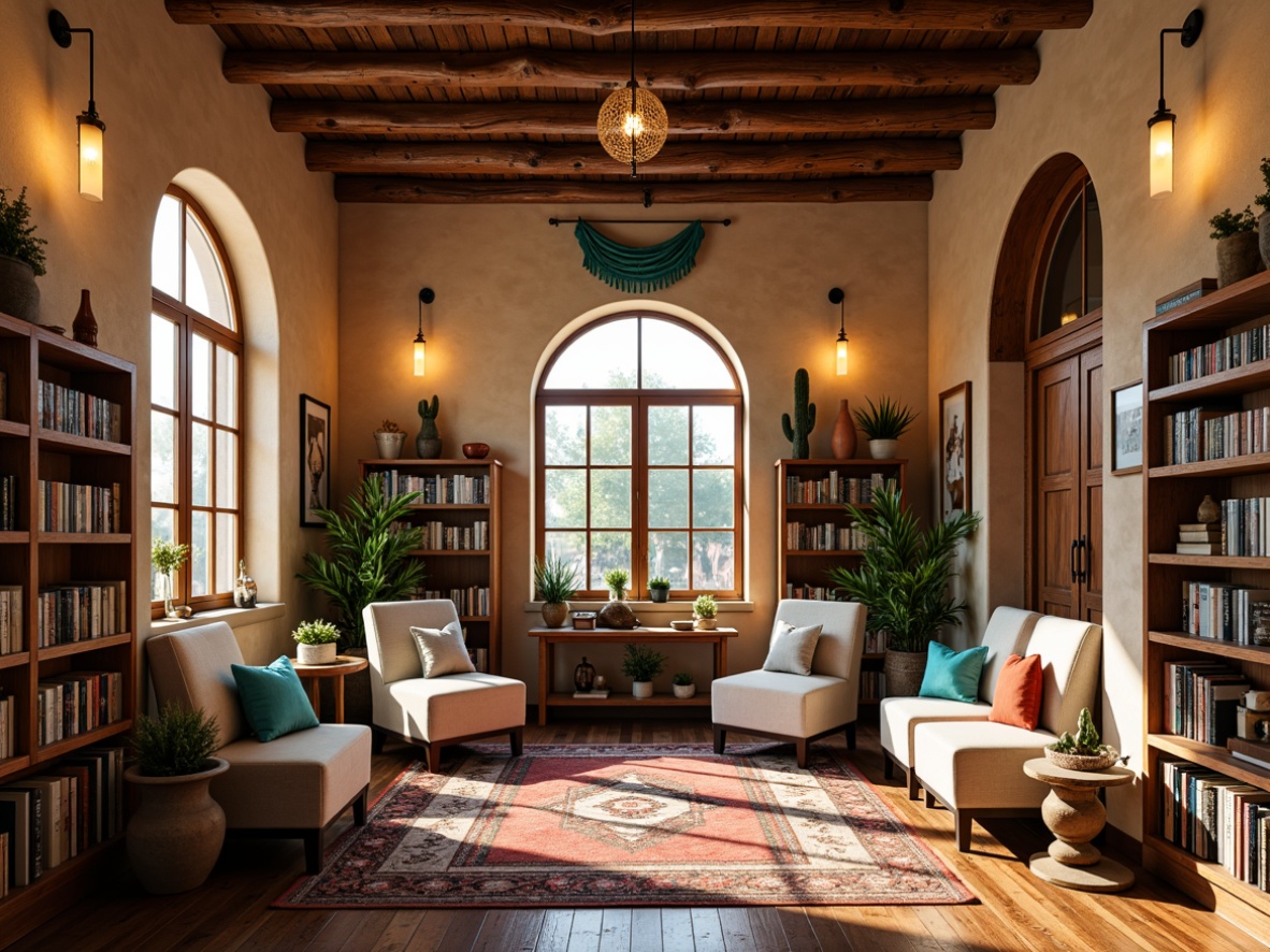 Prompt: Warm earthy bookstore, rich wood accents, vibrant turquoise decorations, woven Native American patterned rugs, rustic wooden shelves, cozy reading nooks, plush armchairs, desert-inspired cacti displays, warm beige stucco walls, arched windows, soft warm lighting, shallow depth of field, 3/4 composition, intimate atmosphere, realistic textures, ambient occlusion.