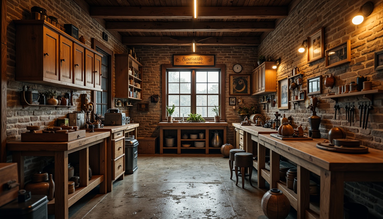 Prompt: Rustic traditional garage, wooden workbench, vintage tools, metal vise, wooden cabinets, distressed finishes, earthy color palette, warm lighting, natural textures, worn stone floor, brick walls, classic car models, nostalgic atmosphere, shallow depth of field, 2/3 composition, realistic render, ambient occlusion.