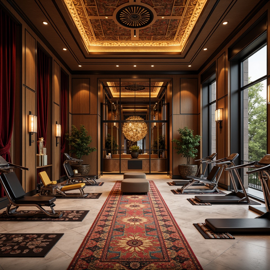 Prompt: Luxurious home gym, Art Deco style, metallic accents, geometric patterns, ornate mirrors, velvet drapes, marble floors, sleek exercise equipment, chrome details, sunburst motifs, zigzag designs, bold typography, rich wood tones, ambient lighting, soft warm glow, shallow depth of field, 3/4 composition, realistic textures, vibrant colorful rugs.