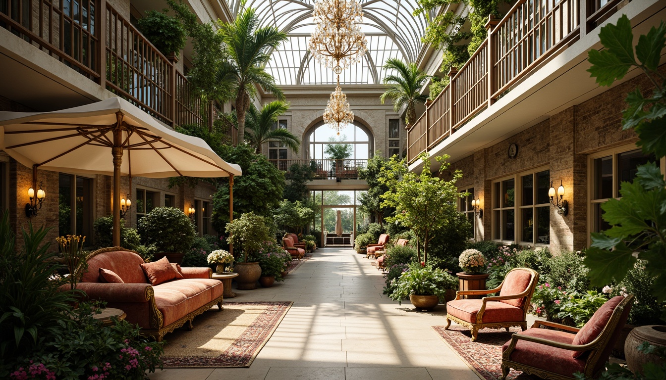 Prompt: Opulent greenhouse interior, ornate Rococo details, lush greenery, vibrant flowers, delicate ironwork, intricate carvings, crystal chandeliers, soft warm lighting, natural sunlight, diffused shadows, warm color palette, velvety textures, elegant furniture, luxurious fabrics, refined metal accents, subtle sheen, dramatic draping, lavish decor, ornamental mirrors, grandiose proportions, airy atmosphere, 1/2 composition, high contrast ratio, vivid colors, realistic reflections.