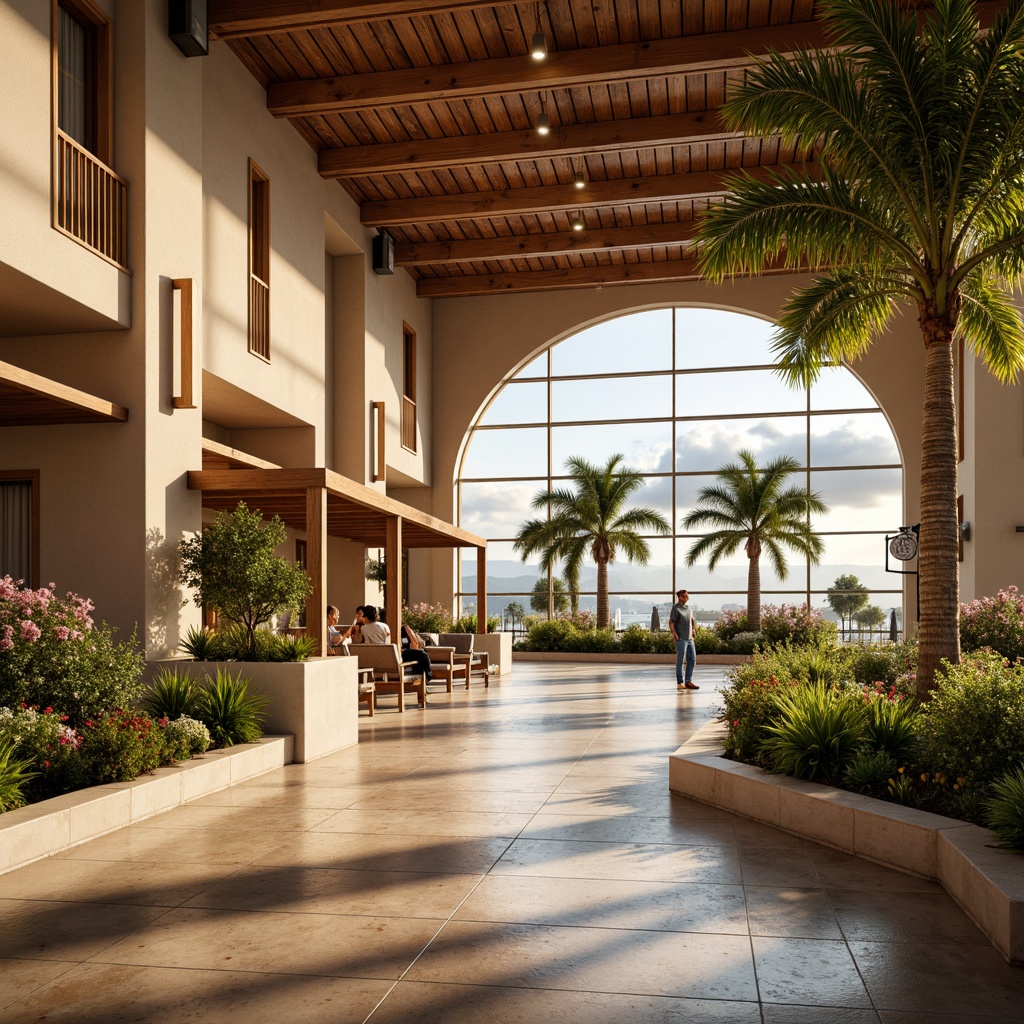 Prompt: Warm Mediterranean airport terminal, natural stone flooring, wooden accents, vaulted ceilings, large windows, soft warm lighting, warm beige walls, rustic metal fixtures, ornate lanterns, lush greenery, palm trees, vibrant flowers, calming water features, gentle fountains, shallow depth of field, 1/1 composition, realistic textures, ambient occlusion.