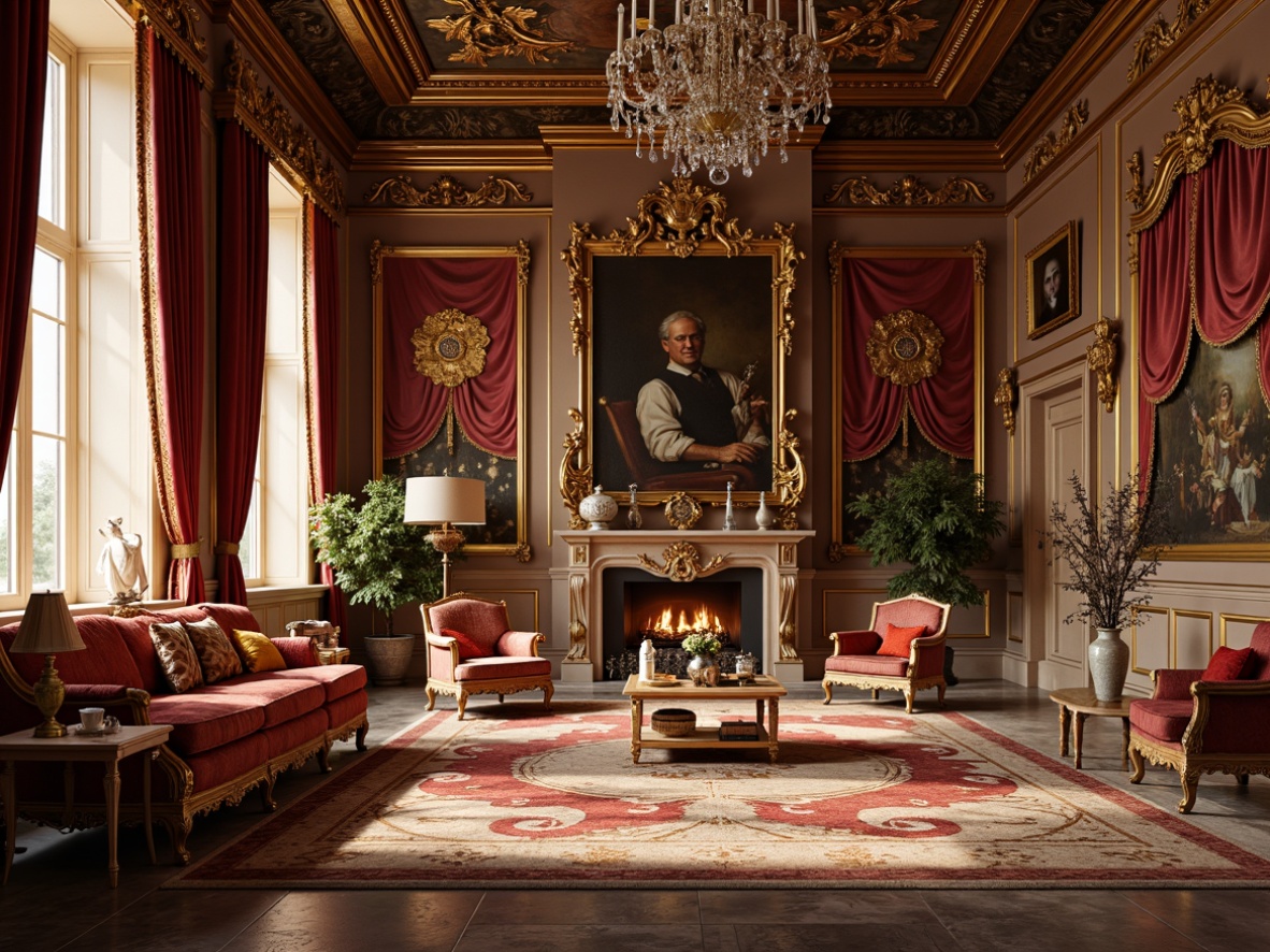 Prompt: Opulent Rococo palace, grandiose furnishings, lavish velvet drapes, intricate golden embroidery, plush silk upholstery, ornate carved wooden accents, crystal chandeliers, soft warm lighting, shallow depth of field, 3/4 composition, panoramic view, realistic textures, ambient occlusion, majestic throne-like chairs, luxurious fur throws, rich brocade fabrics, delicate lace trimmings, exquisite marble flooring, subtle sheen finishes, aristocratic atmosphere, dramatic curtains, regal color palette.