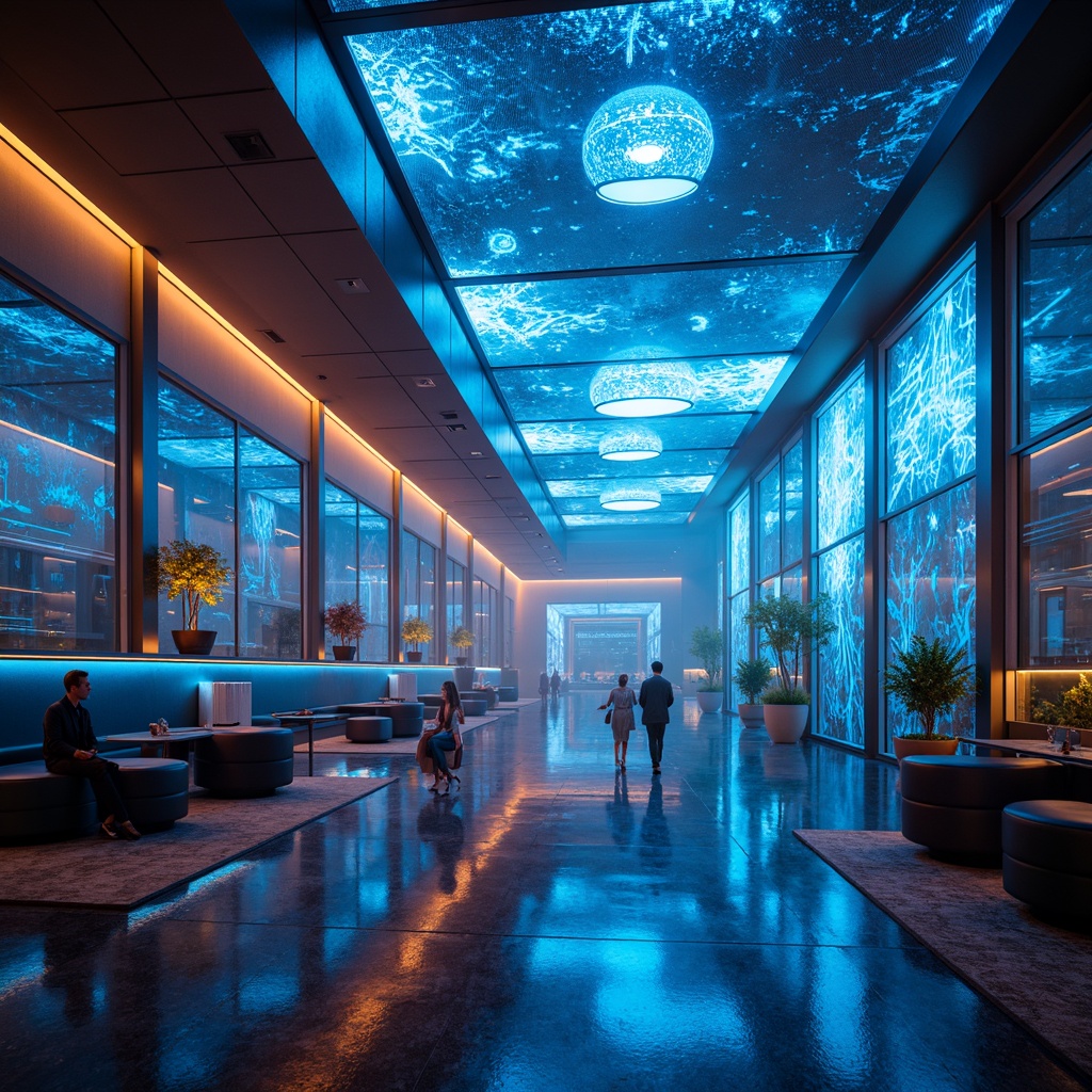 Prompt: Futuristic interior, neon-lit ambiance, glowing accents, holographic projections, LED strip lighting, fiber-optic installations, iridescent glass ceilings, metallic surfaces, minimalist decor, sleek lines, avant-garde furniture, 3D-printed chandeliers, ambient occlusion, softbox lighting, cinematic shading, high-tech gadgetry, cyberpunk-inspired color schemes, electric blue hues, pulsing lights, dynamic shadows, abstract patterns, futuristic textures, atmospheric mist.