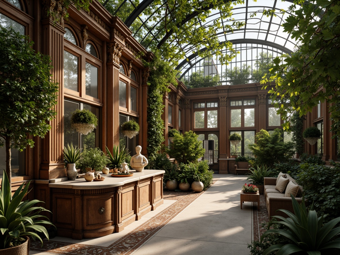 Prompt: Opulent greenhouse interior, lush tropical plants, delicate vines, ornate Rococo detailing, intricate carvings, gilded frames, crystal chandeliers, soft warm lighting, velvet drapes, antique furnishings, distressed wood accents, natural stone floors, marble countertops, grandiose archways, sweeping curves, lavish textiles, rich jewel tones, 1/1 composition, shallow depth of field, realistic reflections.