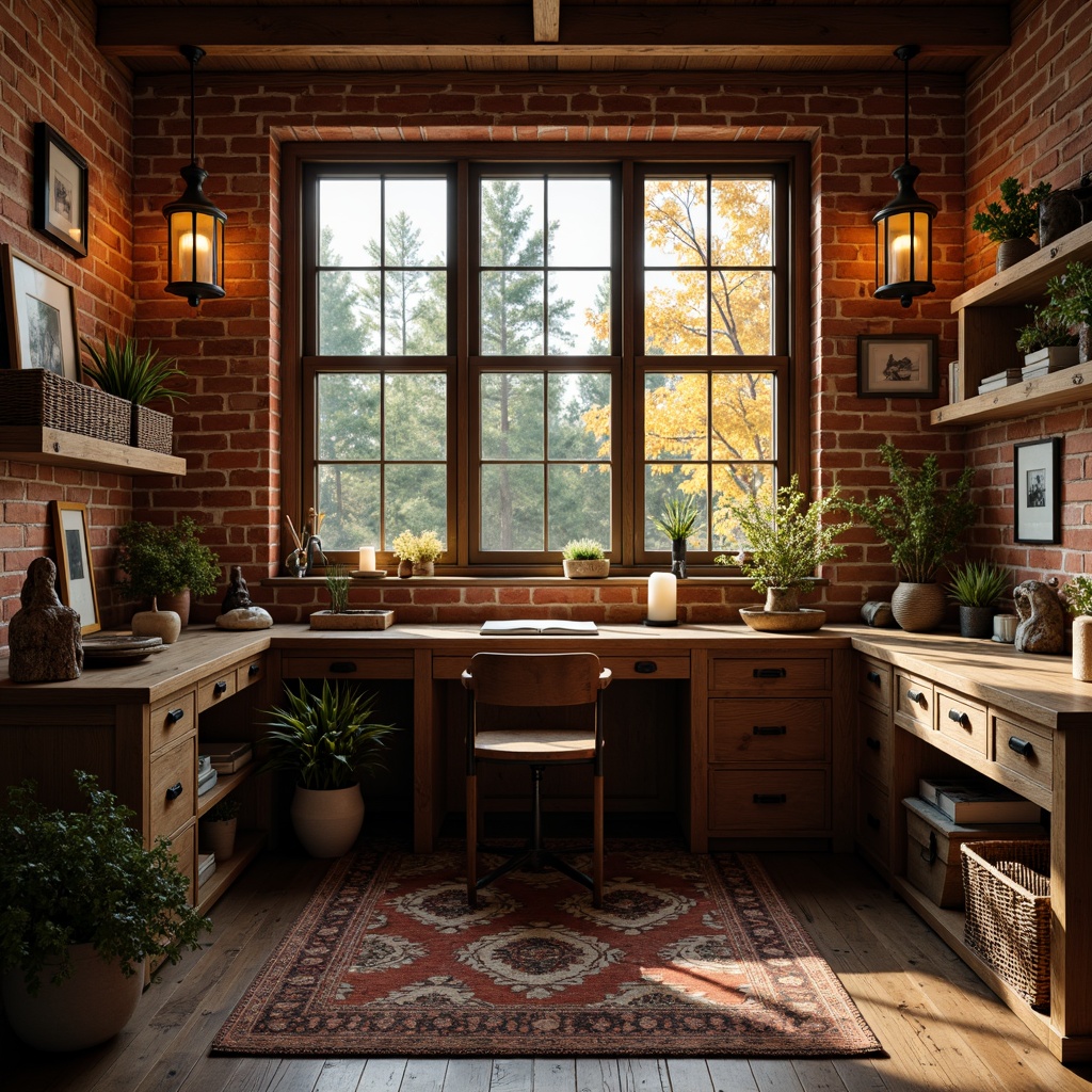 Prompt: Rustic home office, wooden desk, vintage chair, exposed brick walls, earthy tone color scheme, warm candlelight, pendant lanterns, metal chandeliers, natural textiles, woven baskets, reclaimed wood shelves, industrial metal lamps, cozy throw blankets, autumnal forest views, morning sunlight, softbox lighting, 1/1 composition, intimate atmosphere, realistic wood grain textures, ambient occlusion.