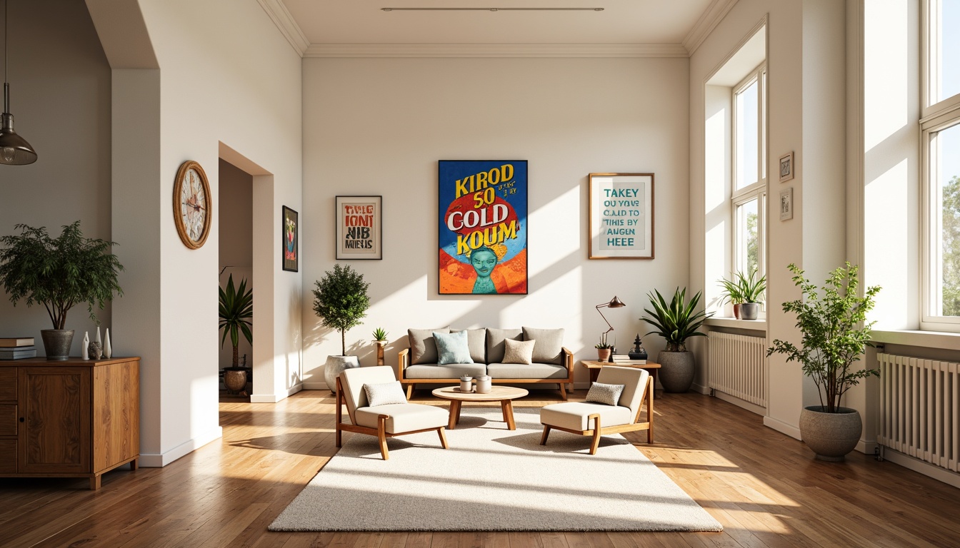 Prompt: Vibrant artistic studio, natural light pouring in, creamy white walls, polished wooden floors, eclectic furniture pieces, bold colorful artwork, inspirational quotes, modern minimalist decor, pastel color accents, soft warm lighting, shallow depth of field, 1/1 composition, realistic textures, ambient occlusion.