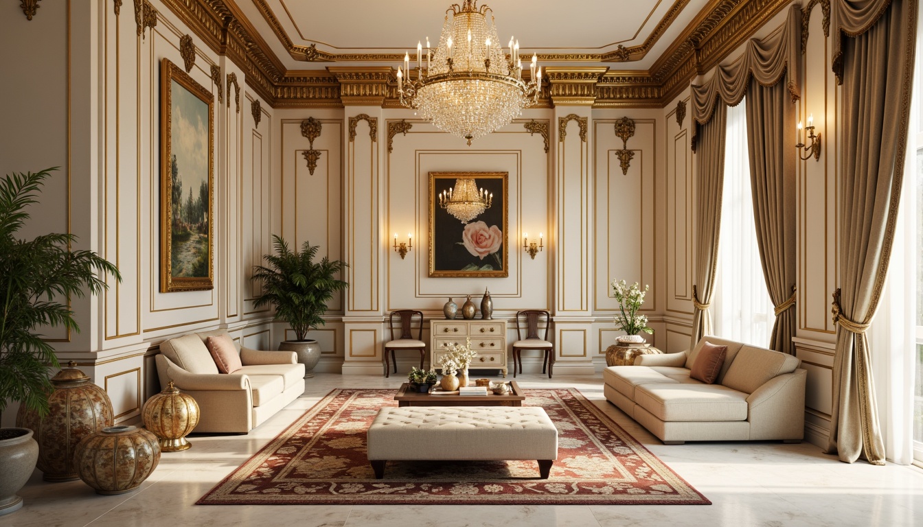 Prompt: Luxurious Rococo interior, ornate gold accents, creamy marble floors, velvet upholstered furniture, curved wooden frames, intricate carvings, soft pastel hues, lavish crystal chandeliers, tufted ottomans, delicate porcelain vases, richly patterned rugs, opulent drapery, golden leaf molding, warm candlelight, shallow depth of field, 1/1 composition, realistic textures, ambient occlusion.