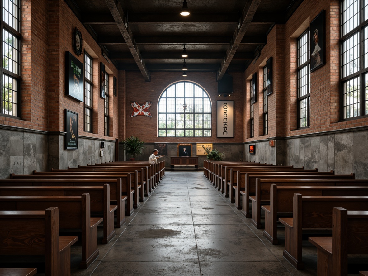 Prompt: Rustic industrial church, exposed brick walls, metallic accents, weathered steel beams, reclaimed wood pews, distressed stone floors, ornate stained glass windows, vaulted ceilings, dramatic spotlights, mysterious shadows, muted earth tones, oxidized copper details, worn leather upholstery, aged concrete textures, cinematic low-key lighting, 1/1 composition, symmetrical framing, realistic wear and tear, ambient occlusion.