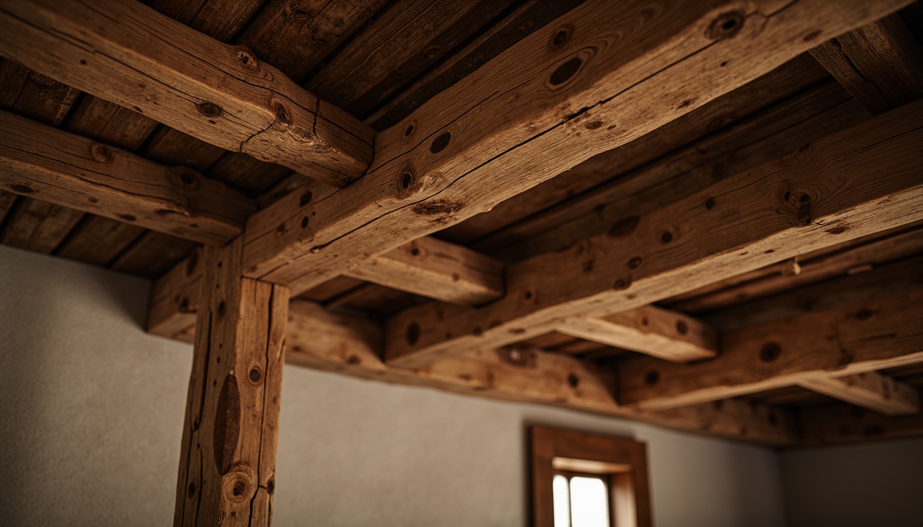 Prompt: Rustic wooden beams, distressed wood texture, earthy brown color palette, natural materials, exposed ceiling structure, warm cozy ambiance, soft warm lighting, shallow depth of field, 1/1 composition, realistic wood grain, ambient occlusion, traditional architectural style, vintage decorative elements, classic interior design.