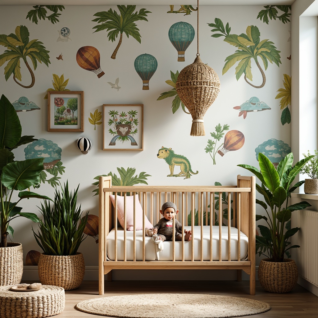 Prompt: Whimsical zoo-themed nursery, playful monkey figurines, vibrant greenery, wooden wall art, jungle-inspired wallpaper, colorful hot air balloons, cartoonish animal illustrations, distressed wood frames, natural fiber textiles, earthy tone color palette, warm soft lighting, shallow depth of field, 1/2 composition, realistic textures, ambient occlusion.