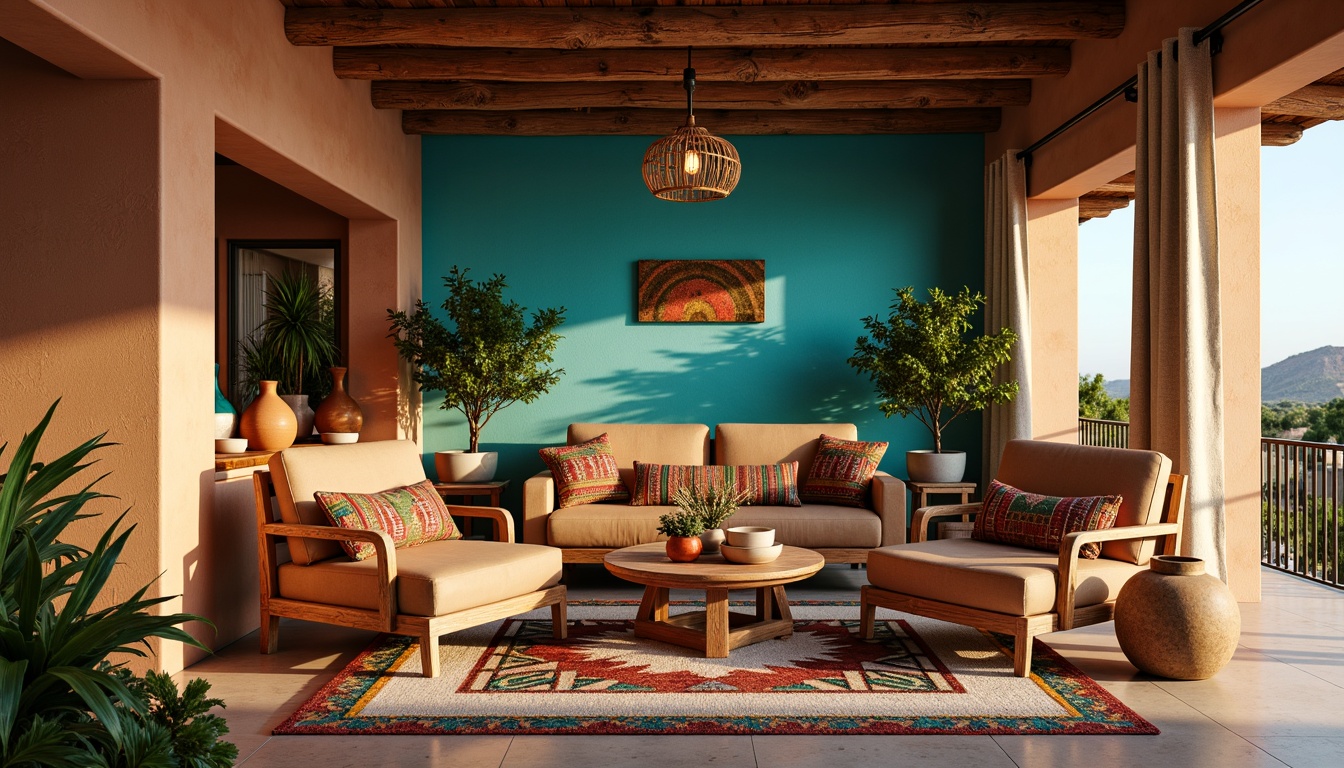 Prompt: Vibrant turquoise accents, woven Navajo blankets, rustic wooden furniture, earthy terracotta pots, colorful Zapotec rugs, geometric patterned throw pillows, natural linen drapes, distressed leather armchairs, woven basket lighting fixtures, Southwestern-inspired wall art, warm golden lighting, cozy reading nooks, 3/4 composition, shallow depth of field, panoramic view, realistic textures, ambient occlusion.