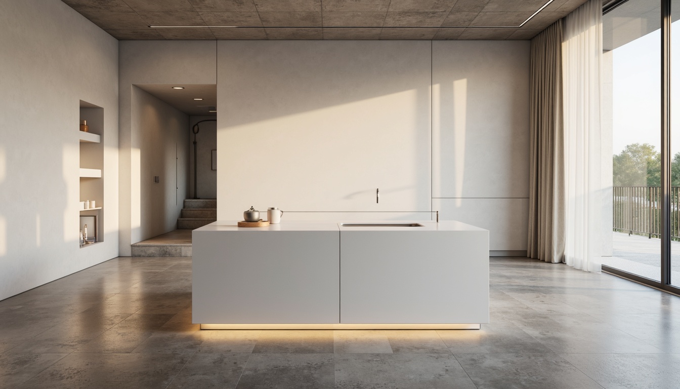 Prompt: Minimalist interior, soft warm lighting, recessed LED strips, concealed fixtures, matte white walls, polished concrete floors, sleek metal accents, subtle texture contrasts, calm atmosphere, natural daylight, floor-to-ceiling windows, sheer curtains, ambient shadows, 1/1 composition, soft focus, realistic reflections, subtle color palette, monochromatic tones.