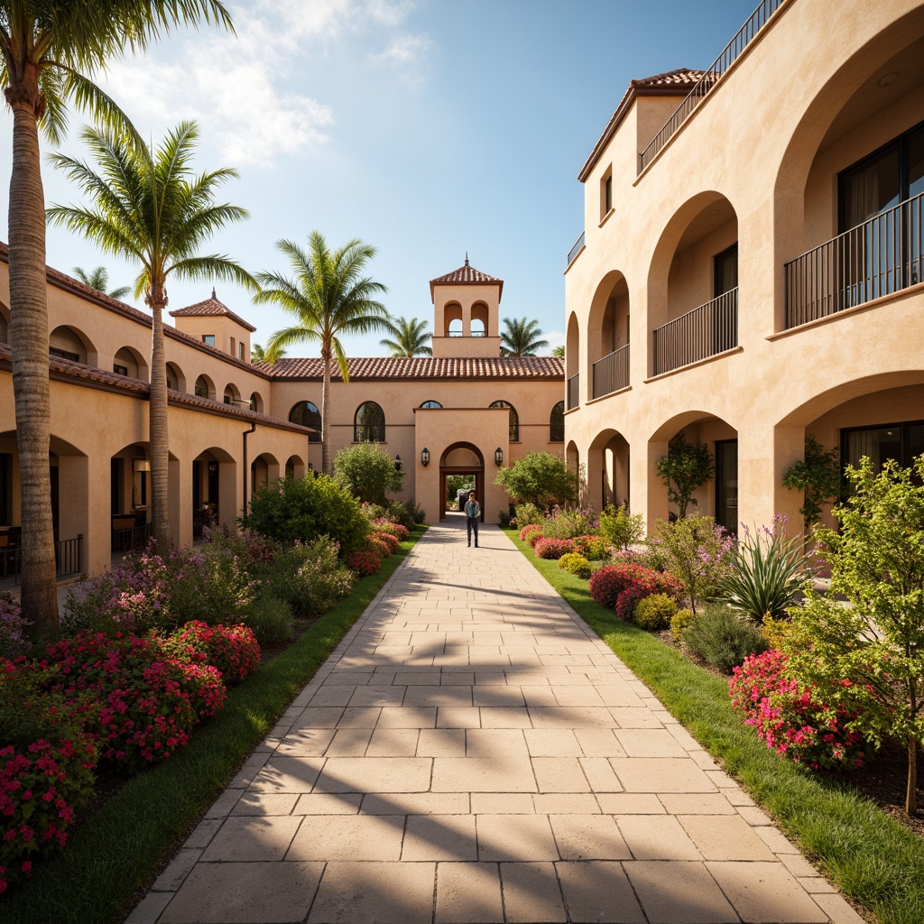 Prompt: Warm sandy tones, curved arches, ornate columns, terracotta roofs, rustic stone walls, wrought iron balconies, lush greenery, vibrant bougainvillea, palm trees, oleander bushes, sunny day, soft warm lighting, shallow depth of field, 3/4 composition, panoramic view, realistic textures, ambient occlusion, airport terminals, control towers, aircraft hangars, baggage claim areas, passenger concourses, duty-free shops, restaurants, cafes, departure gates, arrivals halls, immigration counters, security checkpoints.