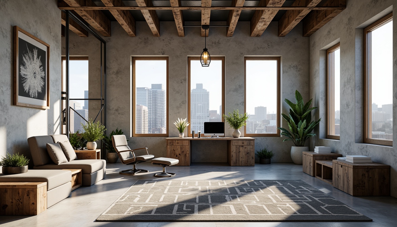 Prompt: Rugged home office, brutalist architecture, exposed concrete walls, industrial metal beams, reclaimed wood furniture, minimal ornamentation, functional layout, spacious open plan, natural light pouring, urban cityscape views, modern ergonomic chair, sleek minimalist desk, geometric patterned rug, abstract artwork, industrial-style lighting fixtures, 1/2 composition, shallow depth of field, realistic textures, ambient occlusion.