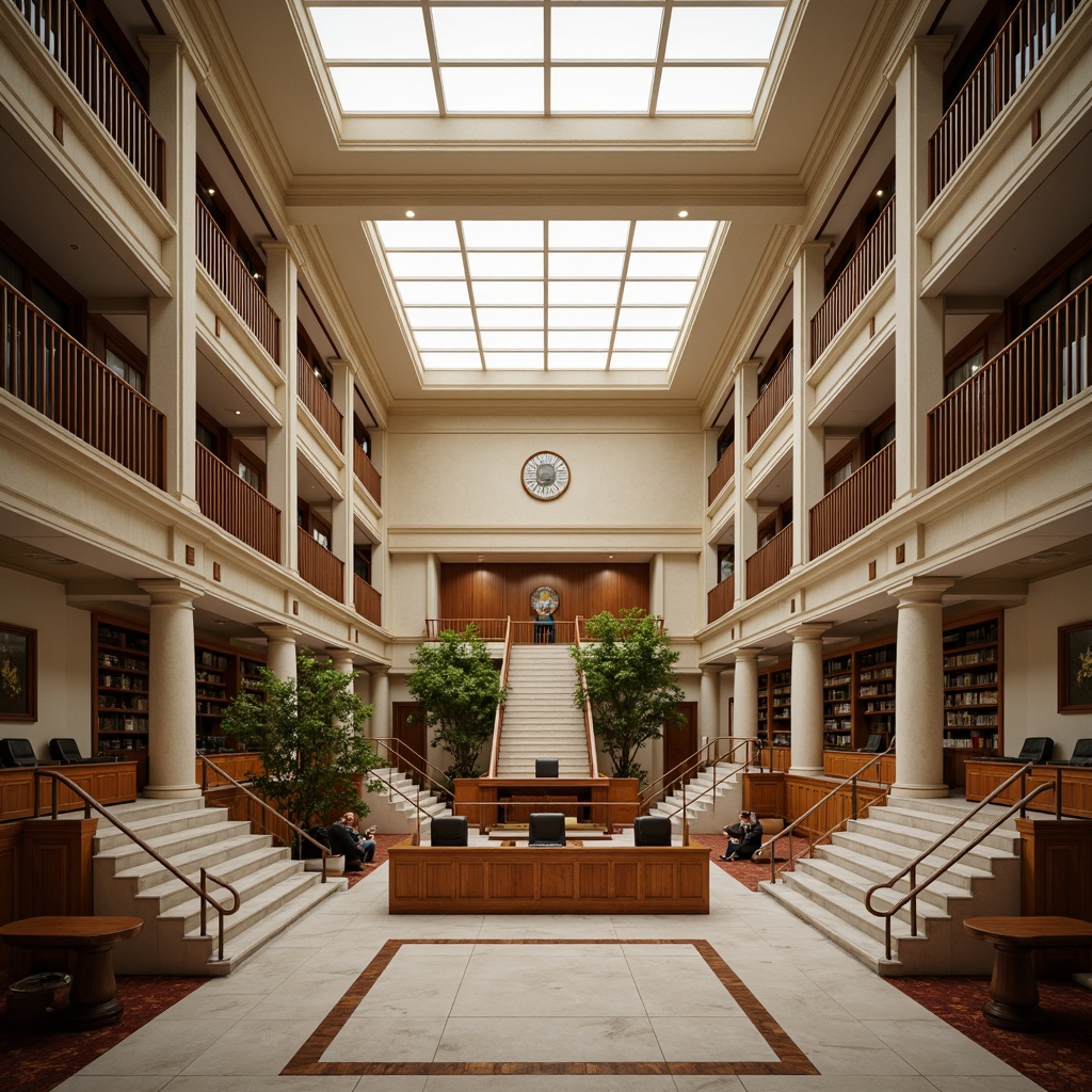 Prompt: Grand courthouse, neoclassical architecture, imposing columns, ornate details, vaulted ceilings, grand staircases, polished marble floors, rich wood paneling, formal law libraries, solemn courtrooms, judges' benches, witness stands, natural light pouring through clerestory windows, warm beige color scheme, soft diffused lighting, shallow depth of field, 1/1 composition, symmetrical framing, realistic textures, ambient occlusion.