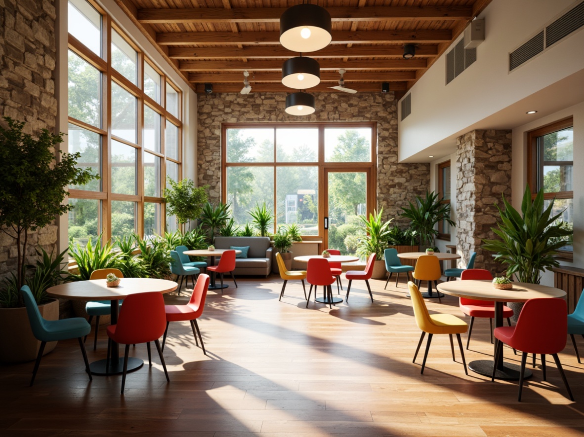 Prompt: Cozy community center, wooden floors, comfortable seating areas, circular tables, vibrant colorful chairs, modern pendant lighting, natural stone walls, minimalist decor, lush green plants, floor-to-ceiling windows, abundant natural light, soft warm atmosphere, shallow depth of field, 1/1 composition, realistic textures, ambient occlusion.