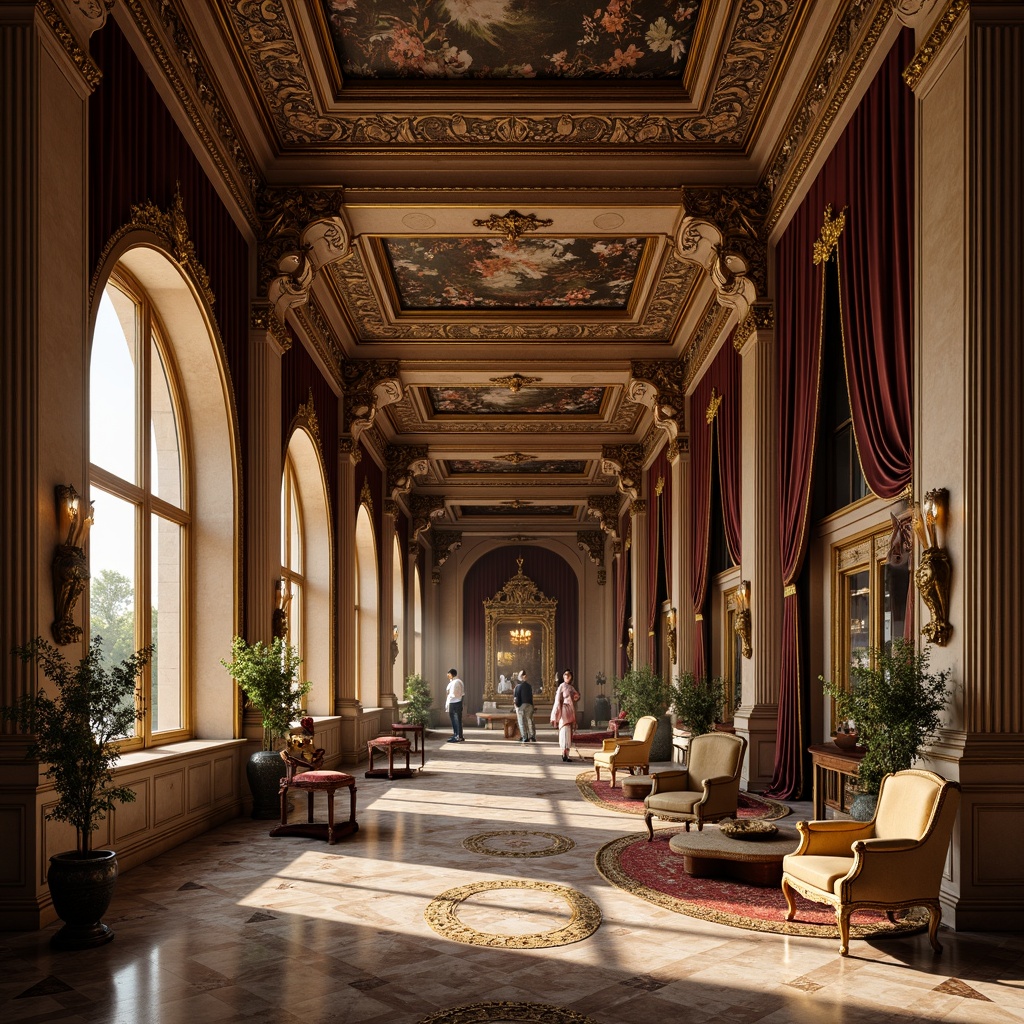 Prompt: Ornate palace, grandiose columns, gilded ornaments, intricate carvings, marble floors, velvet drapes, rich tapestries, golden accents, ornamental mirrors, lavish furnishings, curved lines, dramatic lighting, warm color palette, highly detailed textures, high-contrast shading, 1/1 composition, shallow depth of field, realistic reflections.