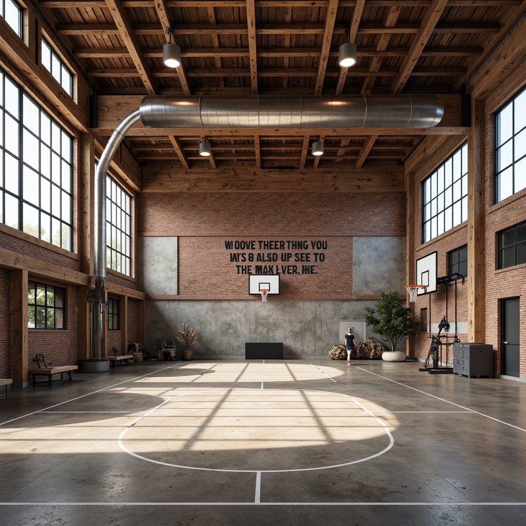 Prompt: Rustic gymnasium interior, exposed beams, industrial metal frames, polished concrete floors, reclaimed wood accents, urban loft atmosphere, natural light pouring in, high ceilings, oversized windows, minimalist decor, modern sports equipment, basketball hoops, athletic track lines, motivational quotes, distressed brick walls, metallic ductwork, industrial-style lighting fixtures, warm color tone, shallow depth of field, 2/3 composition, realistic textures, ambient occlusion.