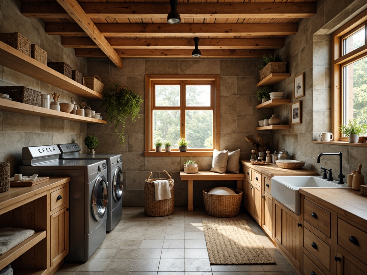 Prompt: Cozy laundry room, rustic wooden cabinetry, vintage metal appliances, distressed stone walls, earthy color palette, warm softbox lighting, pendant lamps, industrial-style metal shades, natural linen fabrics, woven baskets, farmhouse sink, exposed brick accents, comfortable seating area, warm beige tones, ambient occlusion, 1/1 composition, realistic textures.