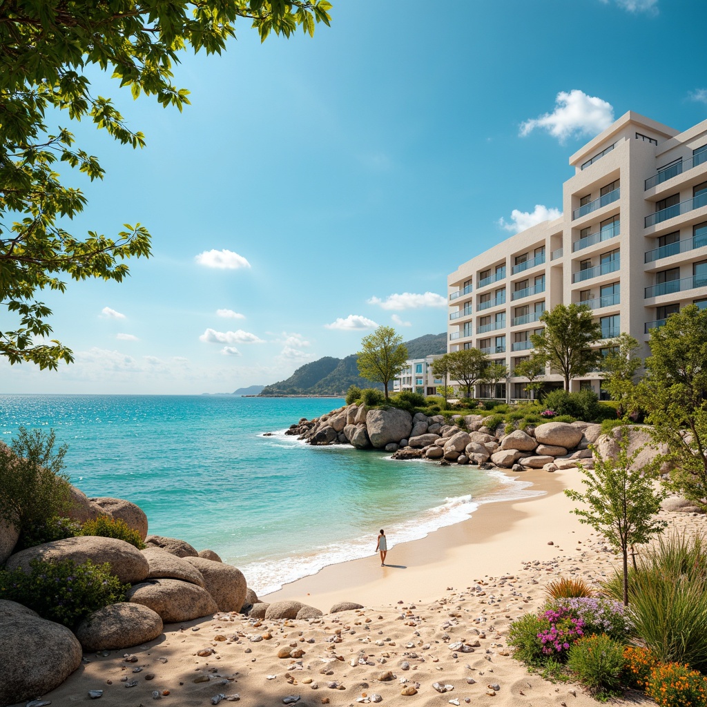 Prompt: Vibrant beachside town, ocean-inspired color palette, calming turquoise waves, warm sandy dunes, seashell decorations, driftwood accents, nautical rope details, refreshing sea breeze, bright sunny day, soft natural lighting, shallow depth of field, 1/2 composition, serene atmosphere, realistic textures, ambient occlusion.