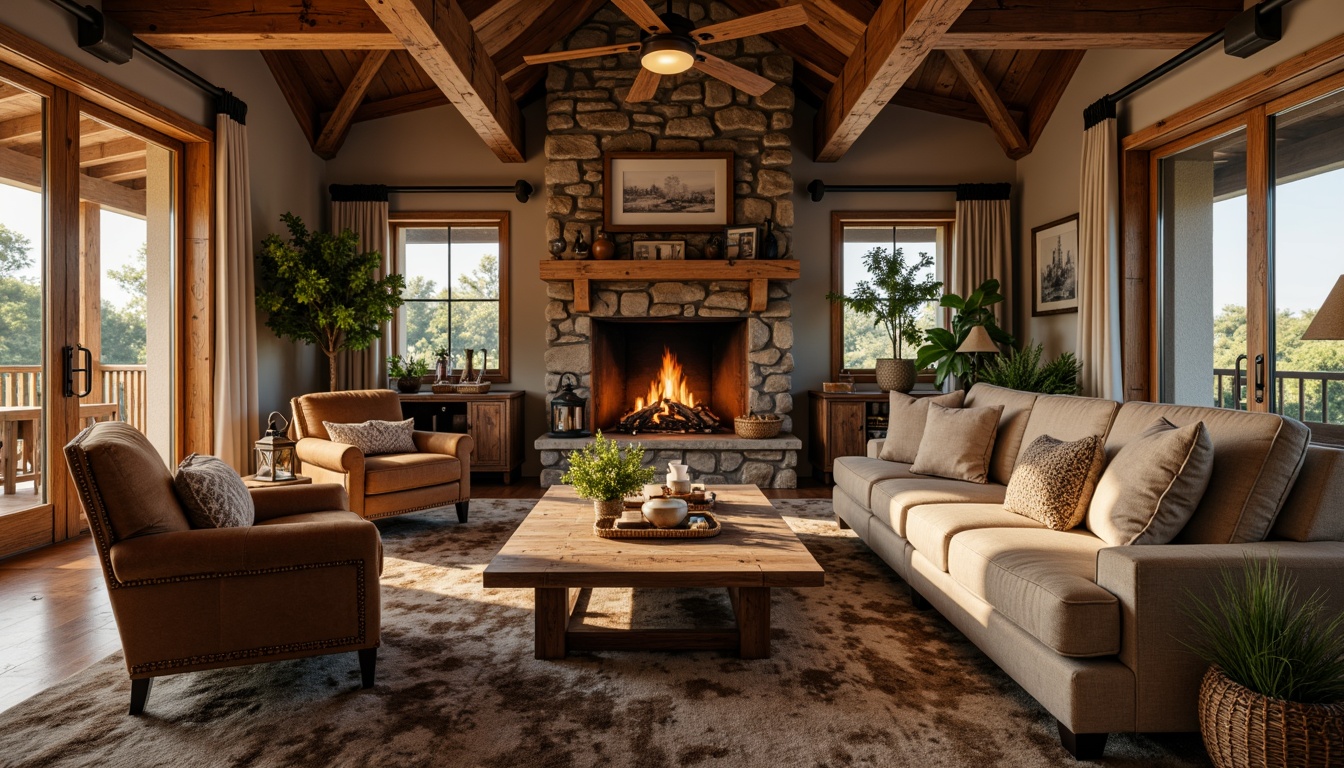 Prompt: Cozy rustic family room, reclaimed wood furniture, plush velvet sofas, distressed leather armchairs, wooden coffee tables, vintage metal lanterns, natural stone fireplaces, earthy color palette, warm candle lighting, textured throw blankets, woven baskets, pinecone decorations, rustic metal accents, comfortable oversized pillows, soft faux fur rugs, wooden wall shelves, antique decorative items, warm beige walls, soft golden lighting, shallow depth of field, 1/1 composition, realistic textures, ambient occlusion.