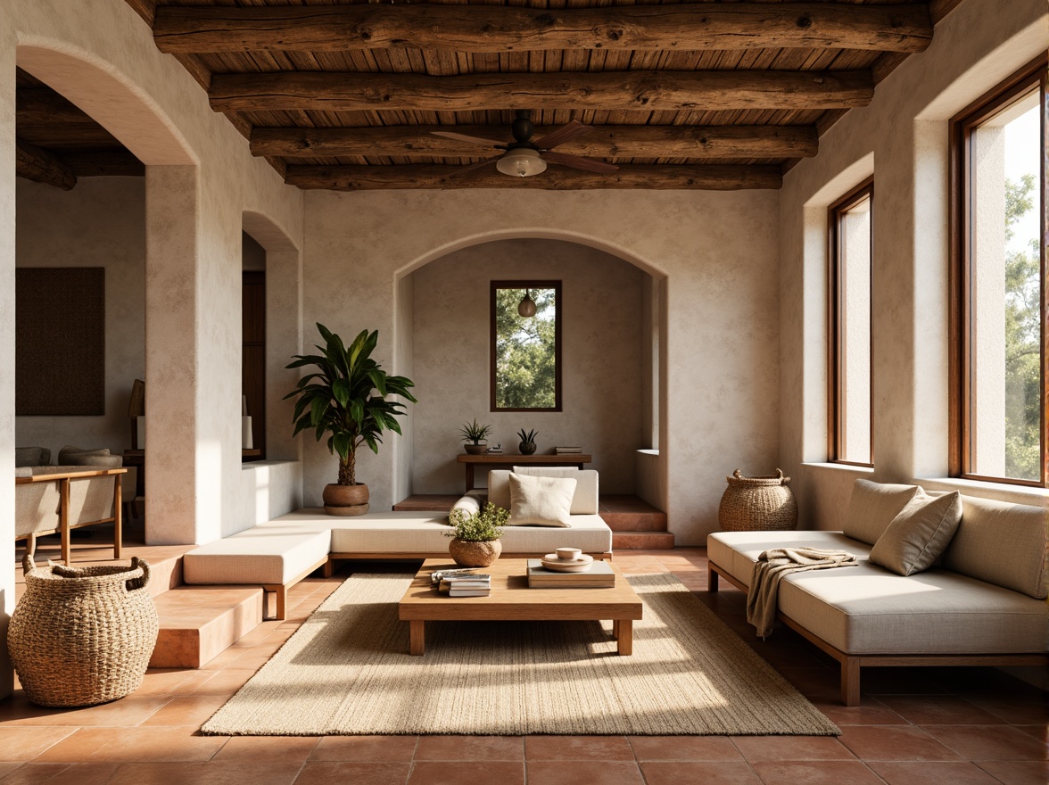 Prompt: Rustic wooden accents, earthy terracotta tiles, natural stone walls, woven wicker furniture, jute rugs, linen textiles, reclaimed wood beams, exposed brick ceilings, organic shapes, warm beige colors, soft diffused lighting, cozy ambiance, 1/1 composition, realistic textures, subtle shadowing.