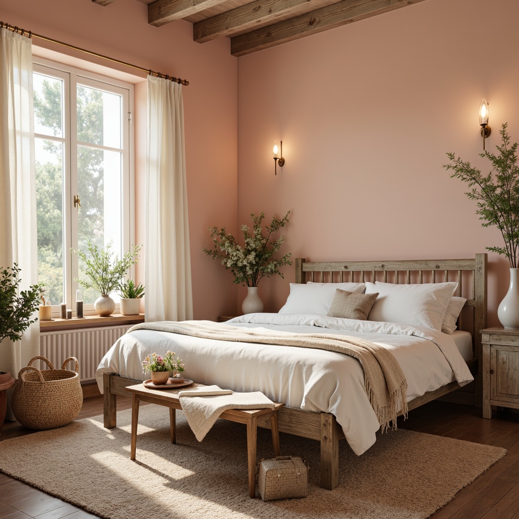 Prompt: Soft peach walls, distressed wooden furniture, vintage lace curtains, creamy white bedding, rose gold accents, muted sage greenery, natural linen textiles, woven rattan baskets, plush area rug, warm candlelight, subtle sheen fabrics, delicate florals, gentle feminine touches, serene ambiance, soft focus photography, 1/2 composition, warm golden lighting, relaxed shallow depth of field.