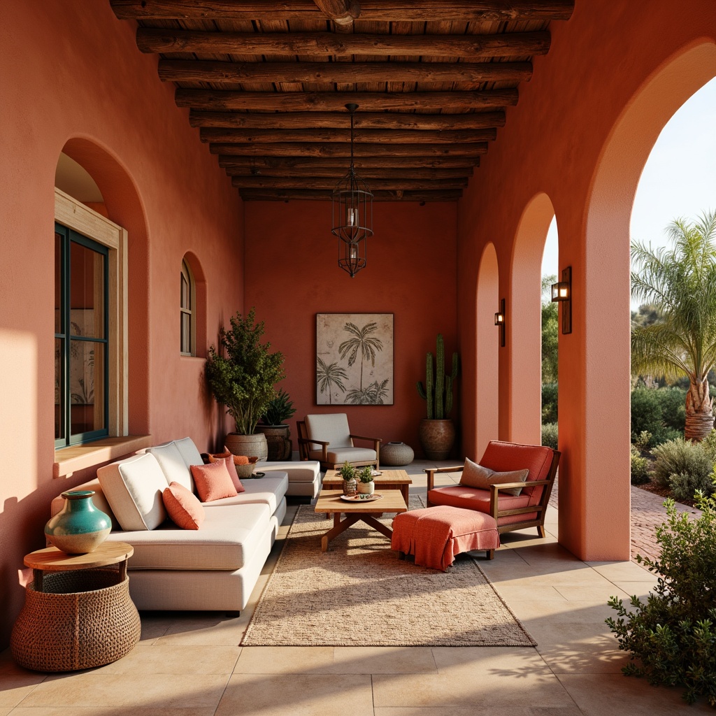 Prompt: Warm terracotta walls, earthy adobe reds, sandy beige floors, turquoise accents, vibrant coral hues, natural wood furniture, woven textiles, rustic metal decor, pendant lanterns, cozy throw blankets, plush area rugs, cacti plants, southwestern patterns, geometric motifs, warm golden lighting, soft diffused shadows, 1/1 composition, intimate atmosphere, inviting ambiance.