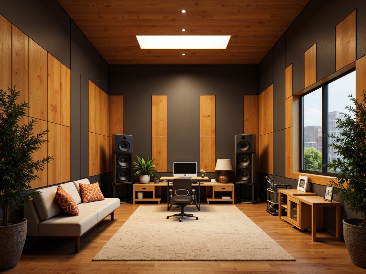 Prompt: Cozy recording studio, soundproofed walls, acoustic panels, diffusers, bass traps, wooden flooring, minimal reverberation, optimal speaker placement, high-fidelity equipment, professional mixing console, comfortable seating area, plants, natural light, warm color scheme, relaxed atmosphere, precise sound wave control, 1/1 composition, shallow depth of field, soft warm lighting.