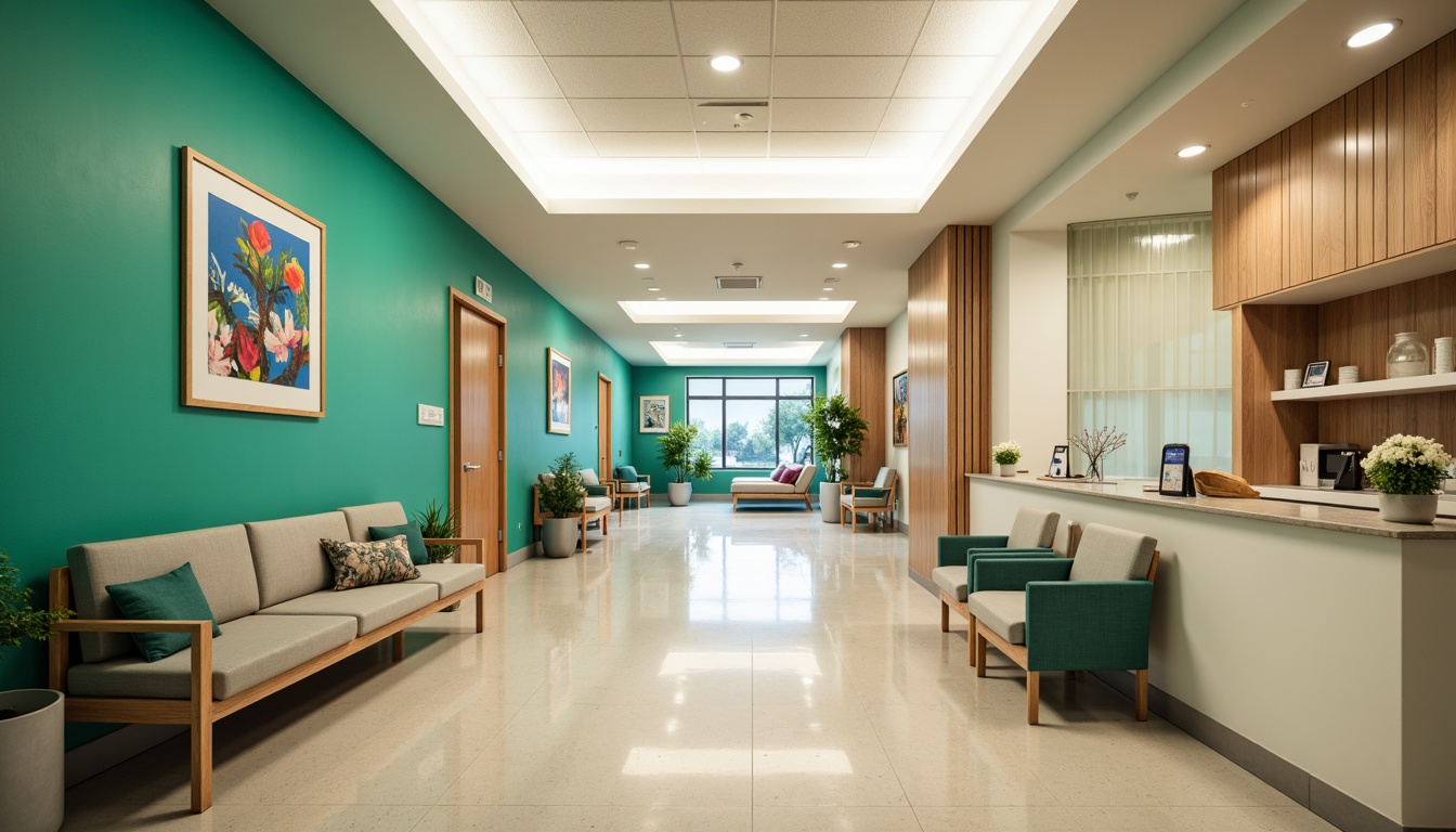 Prompt: Vibrant hospital corridors, soothing green walls, calming blue accents, natural wood furnishings, comfortable waiting areas, warm beige flooring, gentle lighting fixtures, airy open spaces, minimalist decor, modern medical equipment, stainless steel surfaces, sterile environments, colorful artwork displays, uplifting patient rooms, cozy nurse stations, inviting reception desks, relaxing outdoor gardens, serene water features, shallow depth of field, 3/4 composition, realistic textures, ambient occlusion.