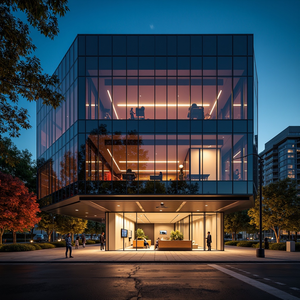 Prompt: Modern office building, sleek glass fa\u00e7ade, warm ambient lighting, soft overhead illumination, task-oriented desk lamps, floor-to-ceiling windows, natural daylight harvesting, LED light strips, minimalist suspended ceiling, polished metal accents, high-contrast color scheme, dramatic spotlights, layered lighting effects, 1/1 composition, shallow depth of field, realistic textures.