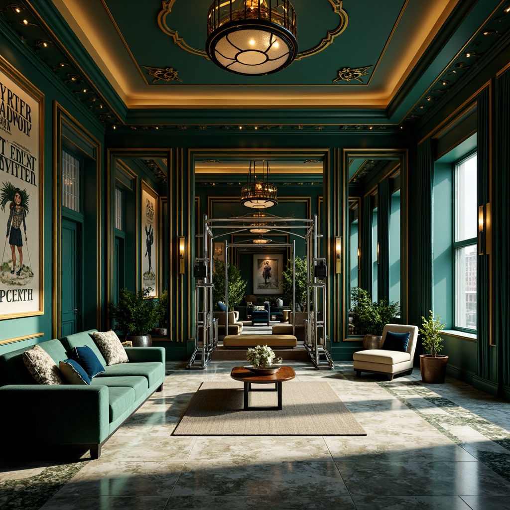 Prompt: Luxurious home gym, art deco style, rich jewel tones, emerald green walls, navy blue accents, metallic gold details, geometric patterns, ornate mirrors, chrome equipment, leather upholstery, velvet drapes, marble flooring, bold typography, vintage posters, soft warm lighting, high contrast shadows, 1/2 composition, dramatic angles, realistic textures, ambient occlusion.