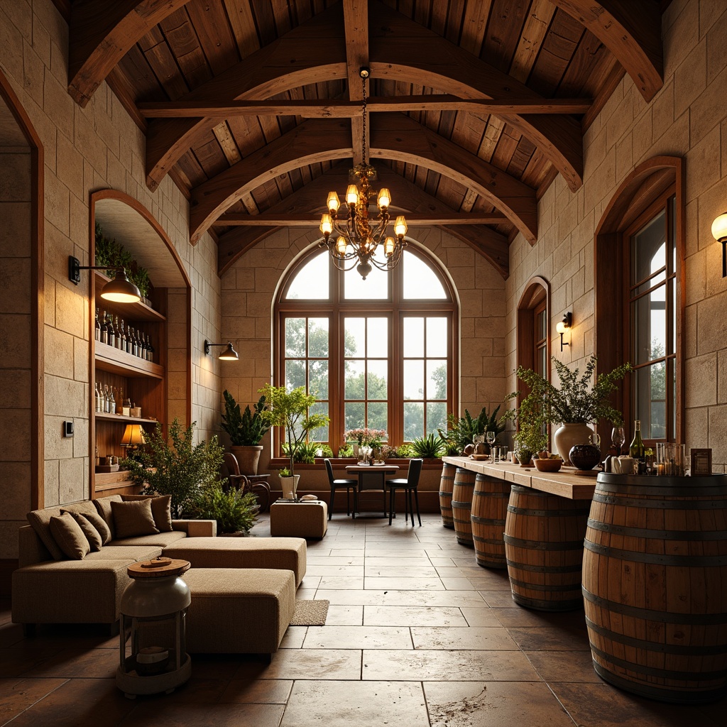 Prompt: Rustic winery interior, wooden barrel accents, stone walls, earthy tones, warm soft lighting, pendant lamps, wrought iron chandeliers, candlelight ambiance, dimmable LED lights, industrial metal shades, vintage-inspired fixtures, natural textures, rich wood tones, intimate seating areas, cozy nooks, wine cellar atmosphere, dramatic high ceilings, arched windows, warm beige colors, afternoon sunlight, subtle shadows, 1/1 composition, soft focus, realistic reflections.