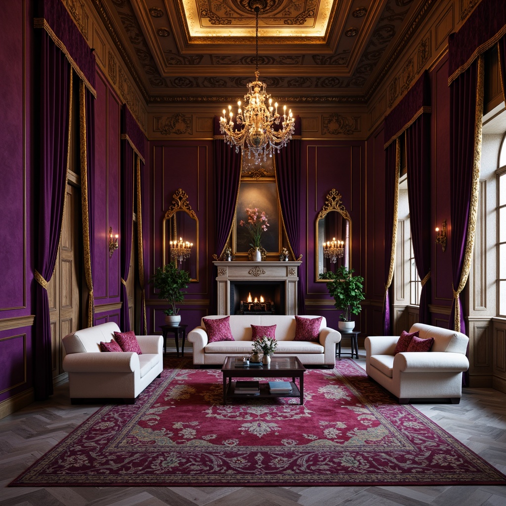 Prompt: Opulent velvet drapes, rich golden tassels, intricately embroidered silk upholstery, lavish satin pillows, ornate wooden furniture, gilded frames, crystal chandeliers, soft warm candlelight, dramatic high ceilings, grandiose architectural details, regal purple hues, sumptuous marble floors, intricate inlaid patterns, luxurious tufted rugs, majestic stone fireplaces, 1/1 composition, low-key lighting, realistic textures, ambient occlusion.