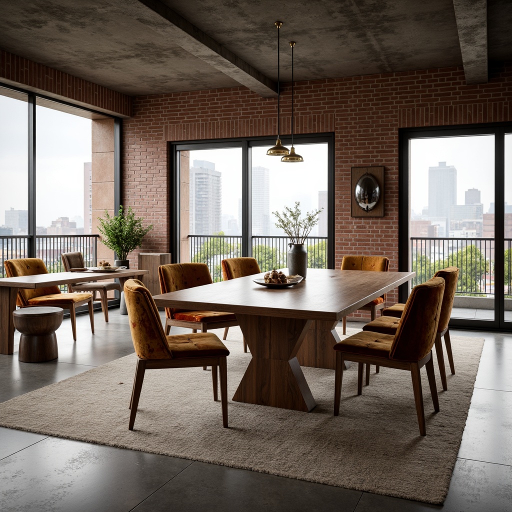 Prompt: Mid-century modern dining room, walnut wood furniture, sleek lines, tapered legs, velvet upholstery, geometric patterns, brass accents, minimalist decor, natural light, large windows, sliding glass doors, urban views, industrial chic, exposed brick walls, polished concrete floors, pendant lighting fixtures, rounded shapes, organic textures, earthy color palette, cozy ambiance, warm atmosphere, 1/1 composition, shallow depth of field, soft warm lighting, realistic render.