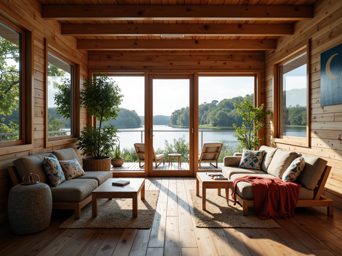 Prompt: Cozy boathouse interior, wooden accents, nautical decor, water-inspired colors, large windows, sliding glass doors, natural light pouring in, rustic wood flooring, woven textiles, plush furnishings, lake views, surrounding foliage, serene atmosphere, warm sunny day, soft diffused lighting, shallow depth of field, 1/2 composition, realistic wood textures, ambient occlusion.