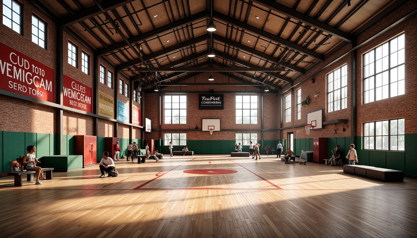 Prompt: Rustic gymnasium interior, exposed brick walls, industrial chic aesthetic, polished wooden floors, metal beams, large windows, natural light, sports equipment, basketball hoops, athletic tracks, motivational quotes, vibrant team colors, energetic atmosphere, dynamic shadows, high-contrast lighting, 1/1 composition, symmetrical framing, realistic textures, subtle ambient occlusion.