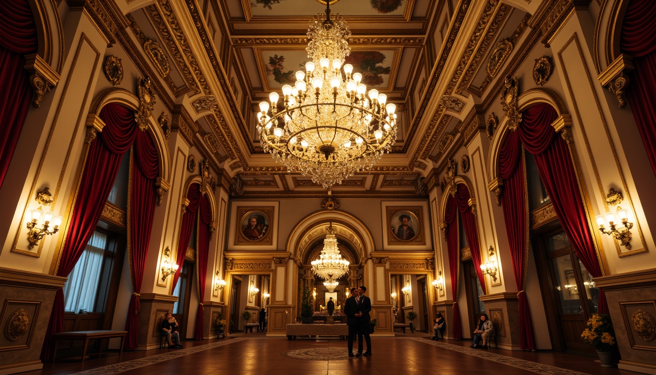 Prompt: Ornate chandeliers, delicate plasterwork, gilded moldings, intricate frescoes, lavish crystal drops, Baroque-inspired patterns, opulent drapery, rich velvet fabrics, majestic crown motifs, regal gold accents, dramatic archways, sweeping curves, grandiose scale, soft warm lighting, shallow depth of field, 1/1 composition, realistic textures, ambient occlusion.