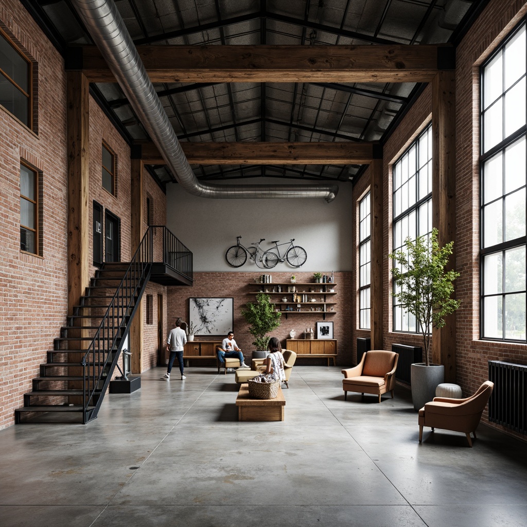 Prompt: Industrial warehouse, exposed brick walls, polished concrete floors, steel beams, minimalist decor, functional lighting, reclaimed wood accents, metal staircase, open-plan layout, natural ventilation, abundant daylight, simplicity emphasis, monochromatic color scheme, distressed textures, vintage machinery, eclectic art pieces, urban loft atmosphere, shallow depth of field, 1/1 composition, softbox lighting, realistic shadows.