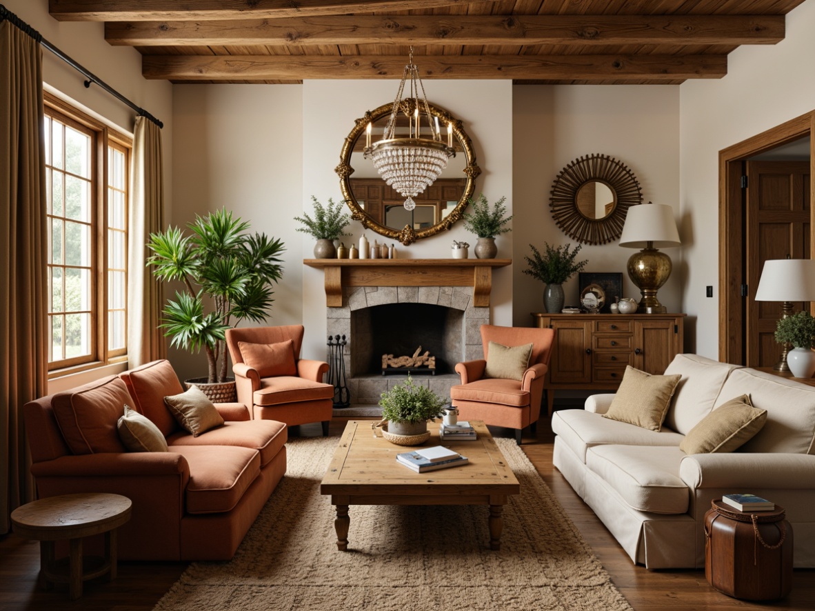 Prompt: Cozy family room, rustic wooden furniture, plush velvet sofas, distressed oak coffee tables, vintage armchairs, soft cream-colored walls, ornate gold mirrors, elegant crystal chandeliers, woven jute rugs, lush greenery, natural stone fireplace, warm beige curtains, antique wooden cabinets, decorative ceramic vases, soft warm lighting, shallow depth of field, 3/4 composition, intimate atmosphere, realistic textures.