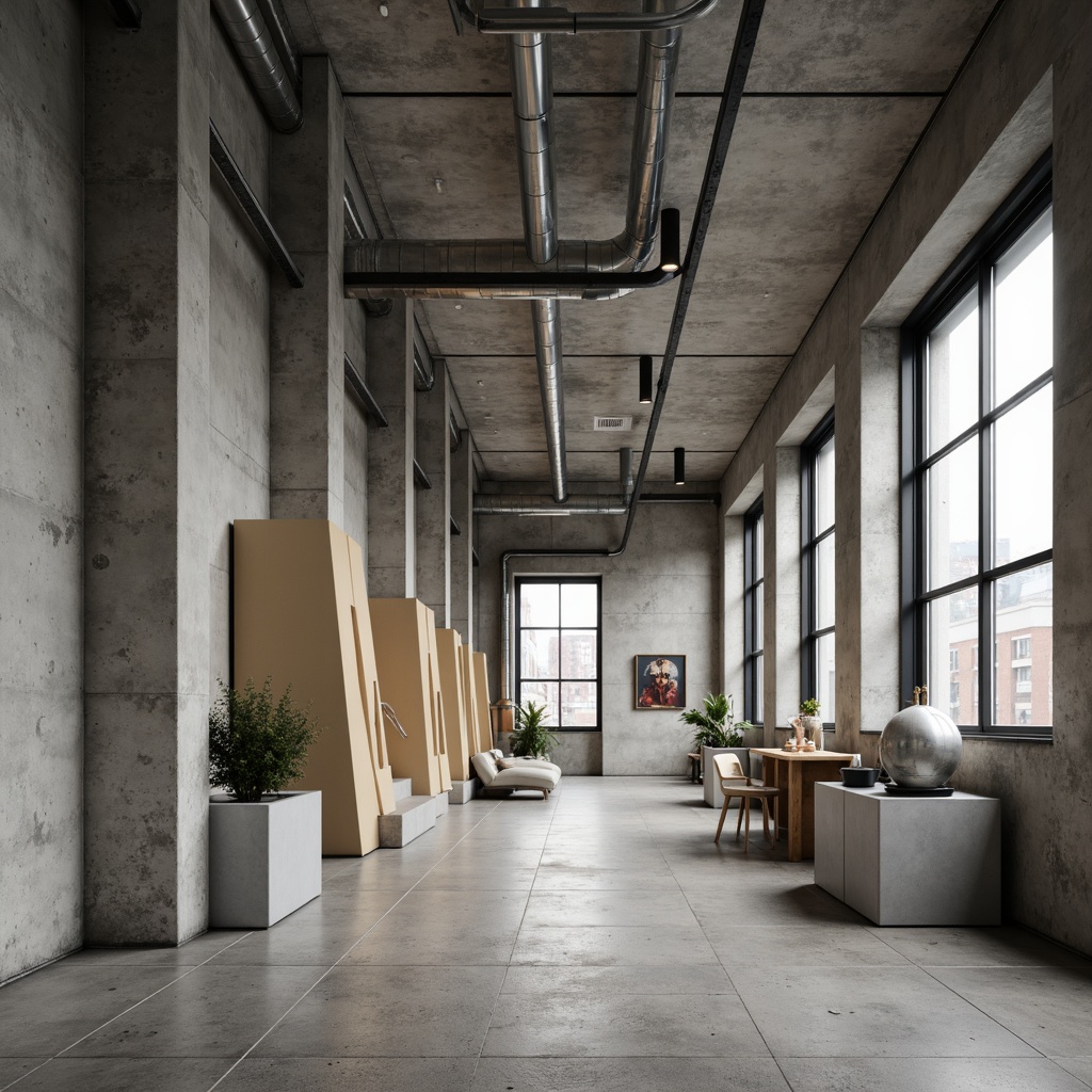 Prompt: Industrial concrete walls, exposed ductwork, steel beams, minimalist decor, monochromatic color scheme, neutral tones, shades of gray, beige accents, industrial lighting, metal machinery, functional design, urban atmosphere, overcast day, soft diffuse lighting, shallow depth of field, 2/3 composition, realistic textures, ambient occlusion.