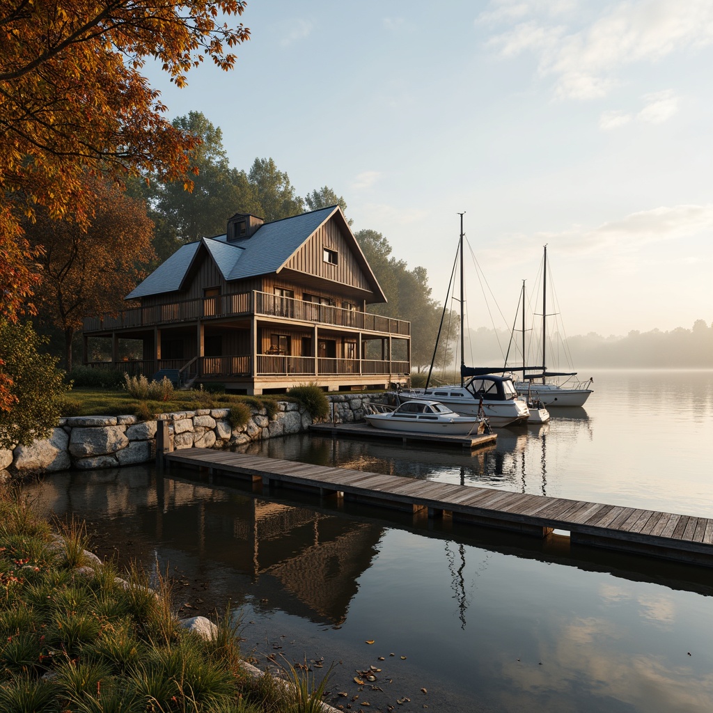 Prompt: Rustic boathouse, natural waterfront, wooden docks, sailboats, calm lake reflections, serene misty morning, warm golden lighting, soft focus, shallow depth of field, 1/2 composition, horizontal format, realistic textures, ambient occlusion, earthy tones, weathered wood accents, nautical navy blue, crisp whites, sunny yellows, rich browns, natural stone foundations.