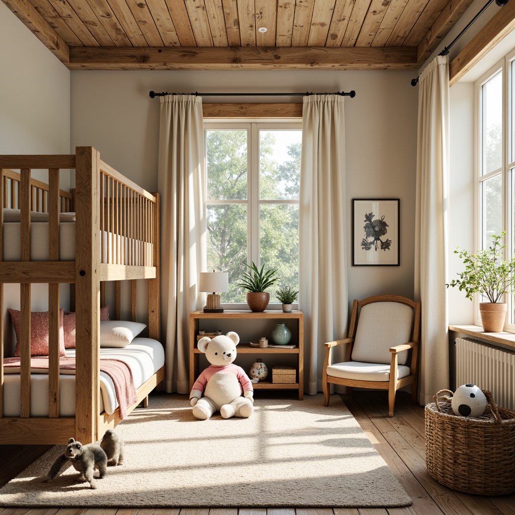 Prompt: Whimsical kids' room, vernacular style furniture, distressed wood textures, soft pastel colors, vintage toys, wooden cribs, plush area rugs, cozy reading nooks, natural linen fabrics, woven baskets, earthy tone walls, large windows, warm sunny lighting, shallow depth of field, 3/4 composition, playful patterns, childlike illustrations, rustic metal accents, antique hardware details.